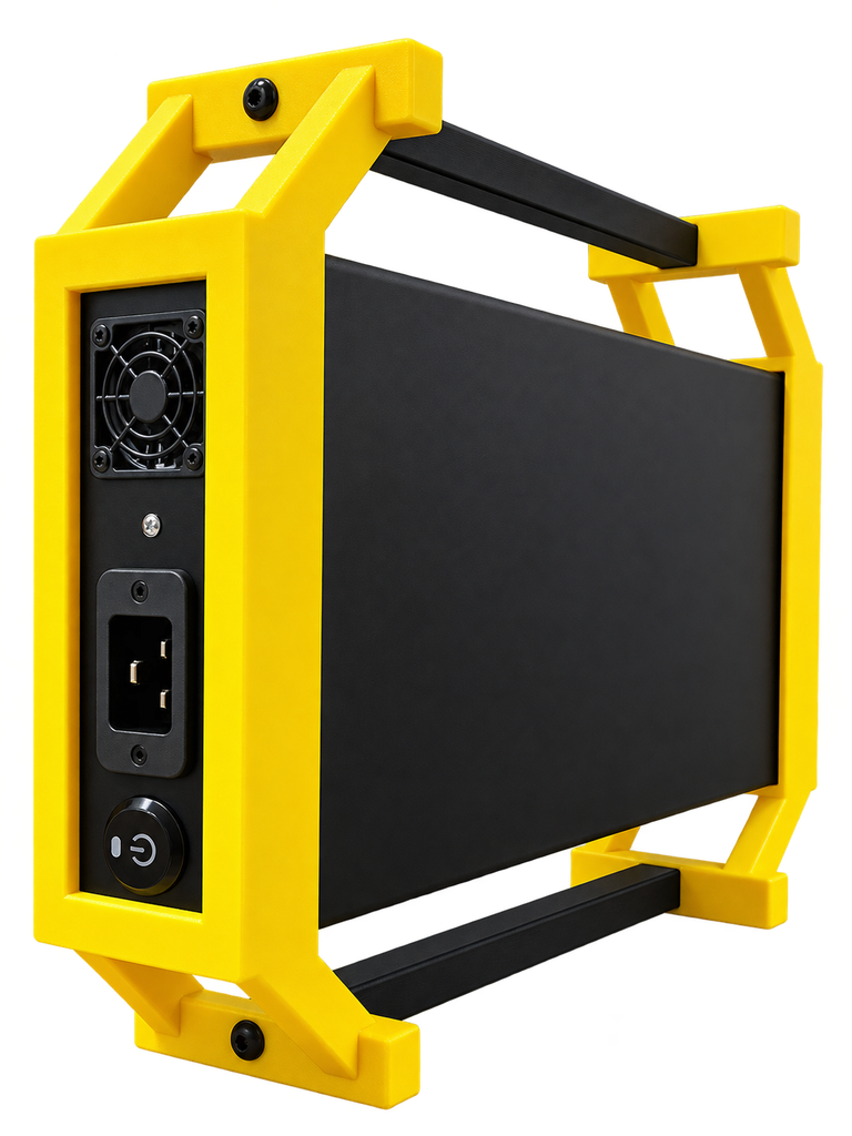 Equipo WireTrace: vista lateral con conector de alimentación, interruptor y ventilador